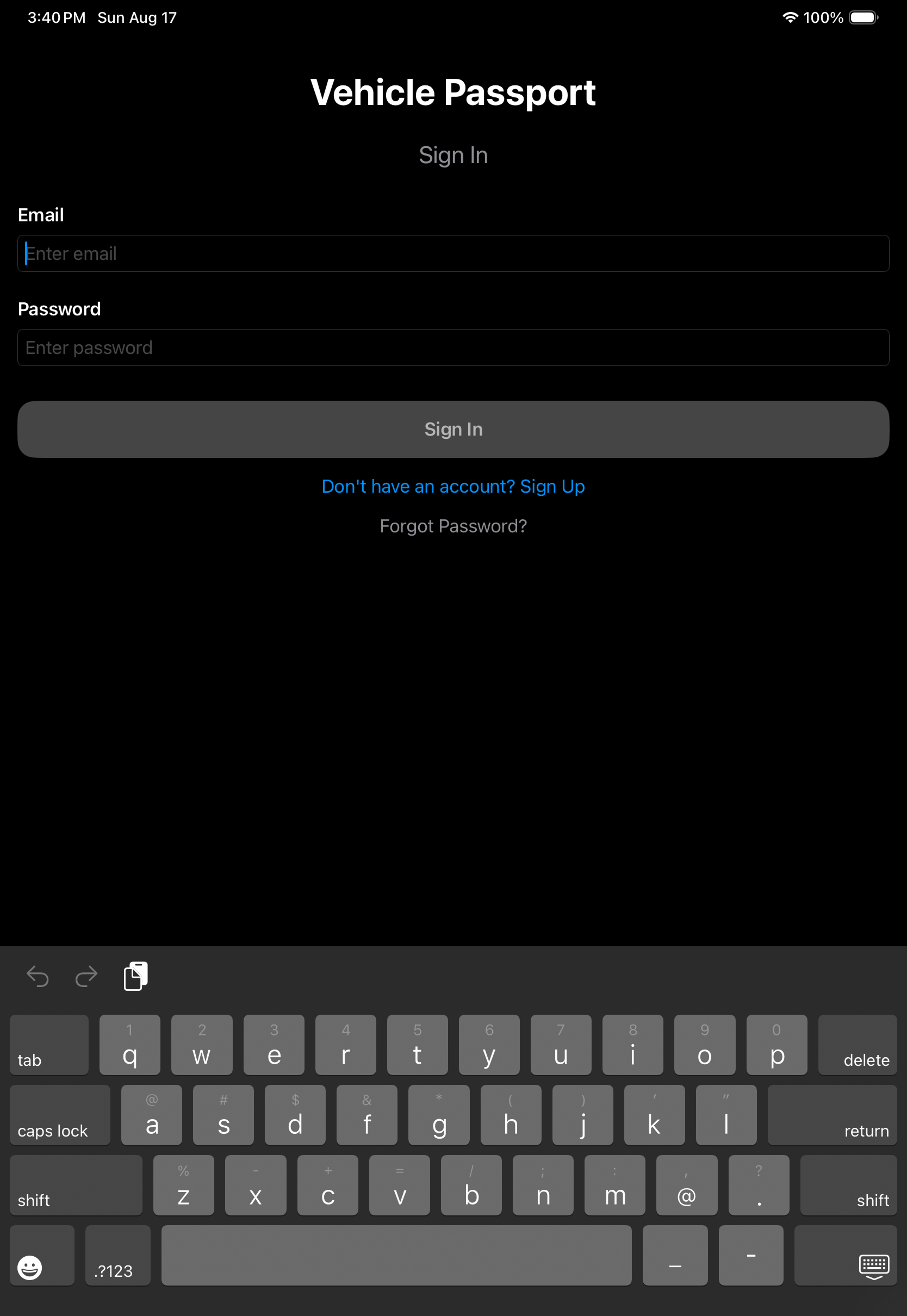 Sign In as rendered on iPad Pro 11-inch in portrait.