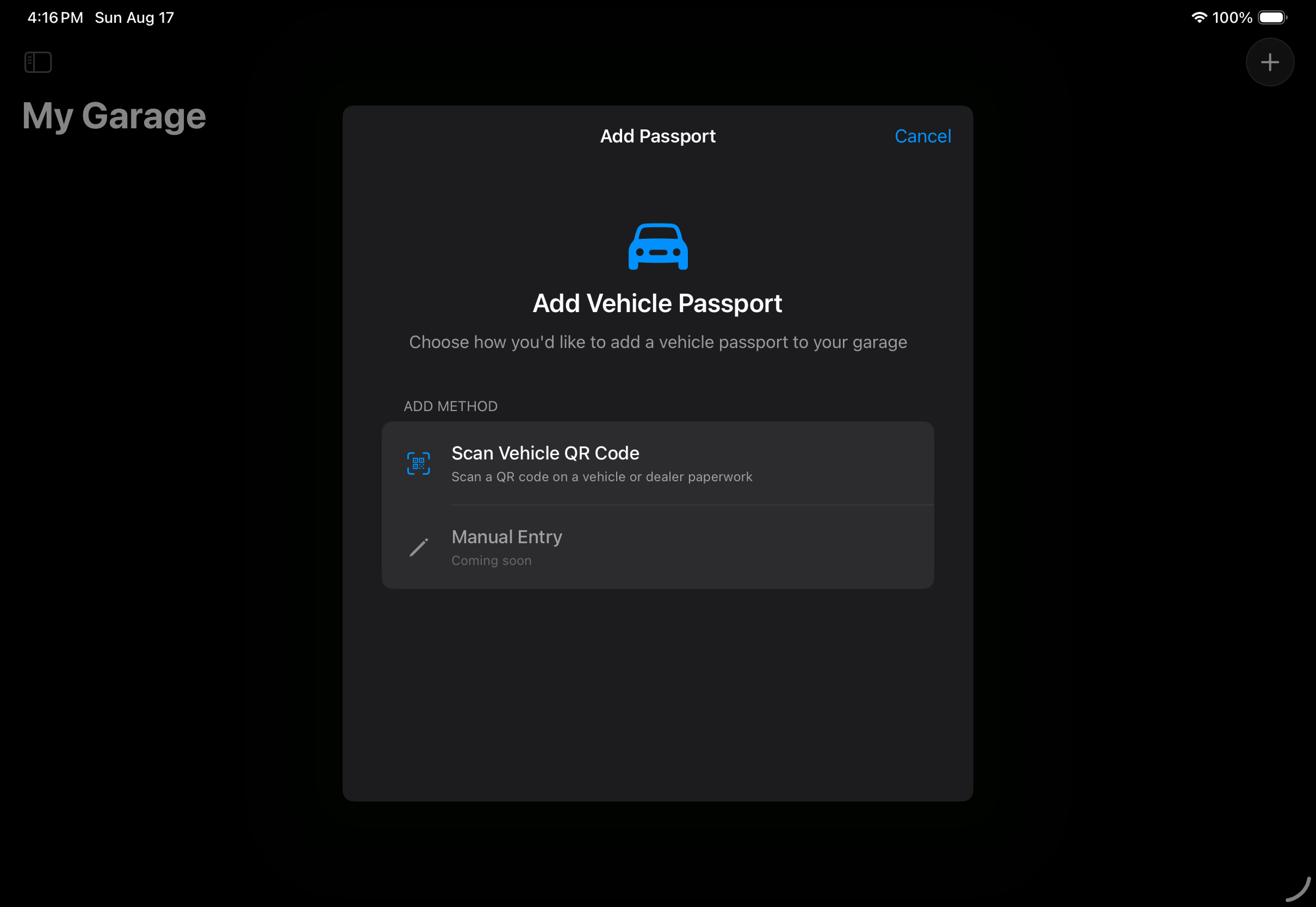 Vehicle Passport acquisition select view as rendered on iPad Pro 11-inch in landscape.