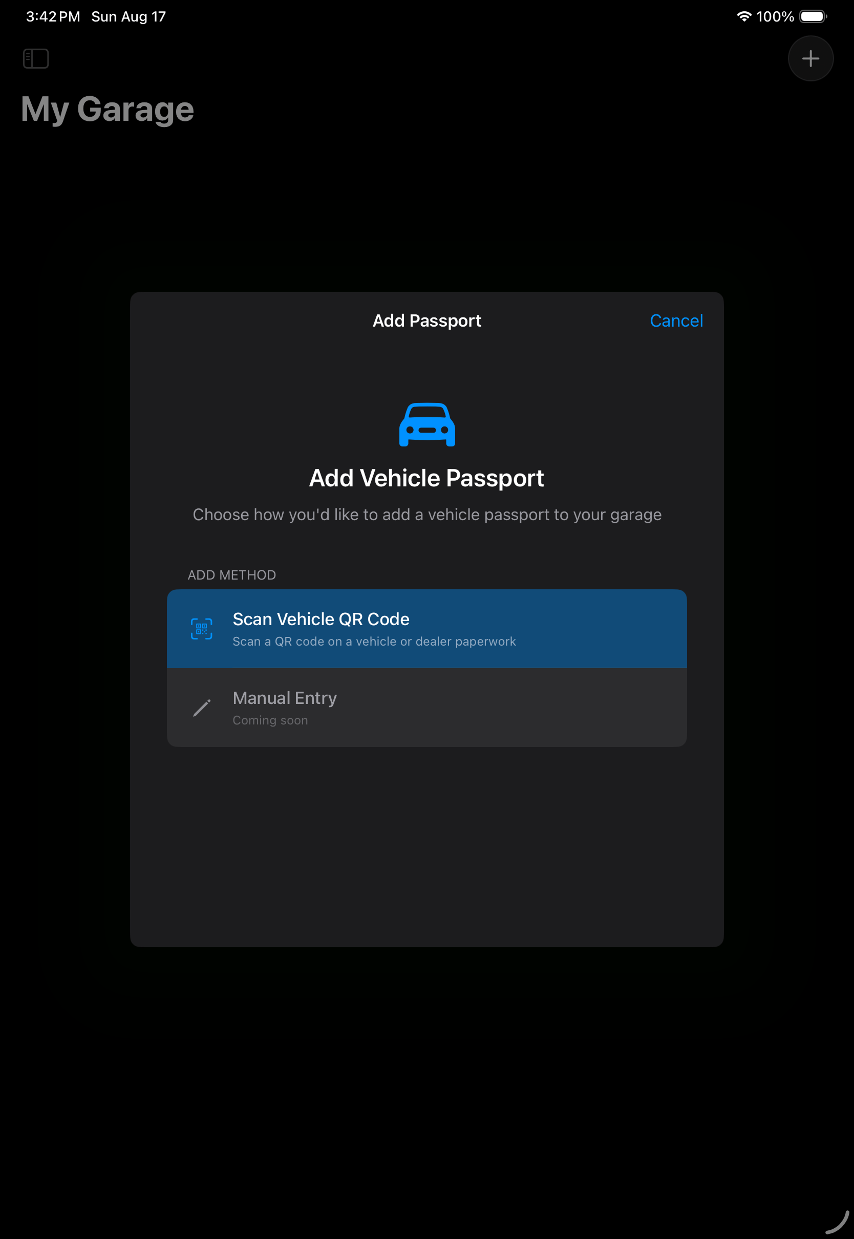 Vehicle Passport acquisition select view as rendered on iPad Pro 11-inch in portrait.