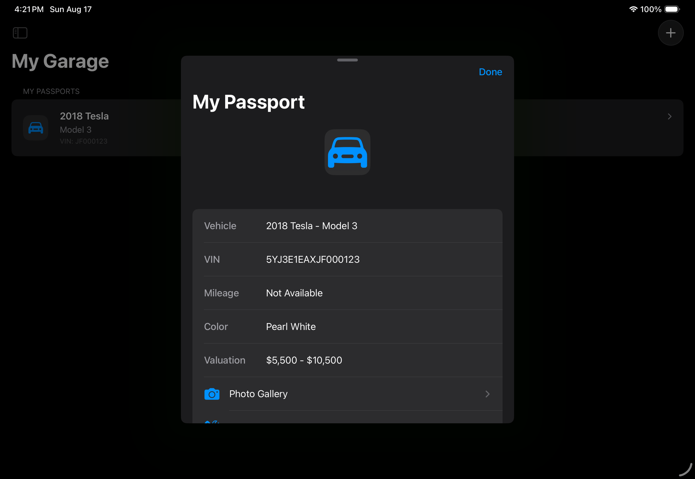 Vehicle Passport detail sheet as rendered on iPad Pro 11-inch in landscape.