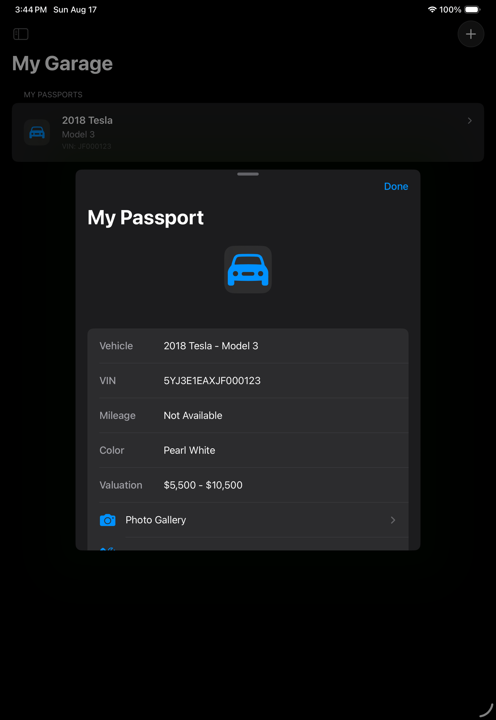 Vehicle Passport detail sheet as rendered on iPad Pro 11-inch in portrait.