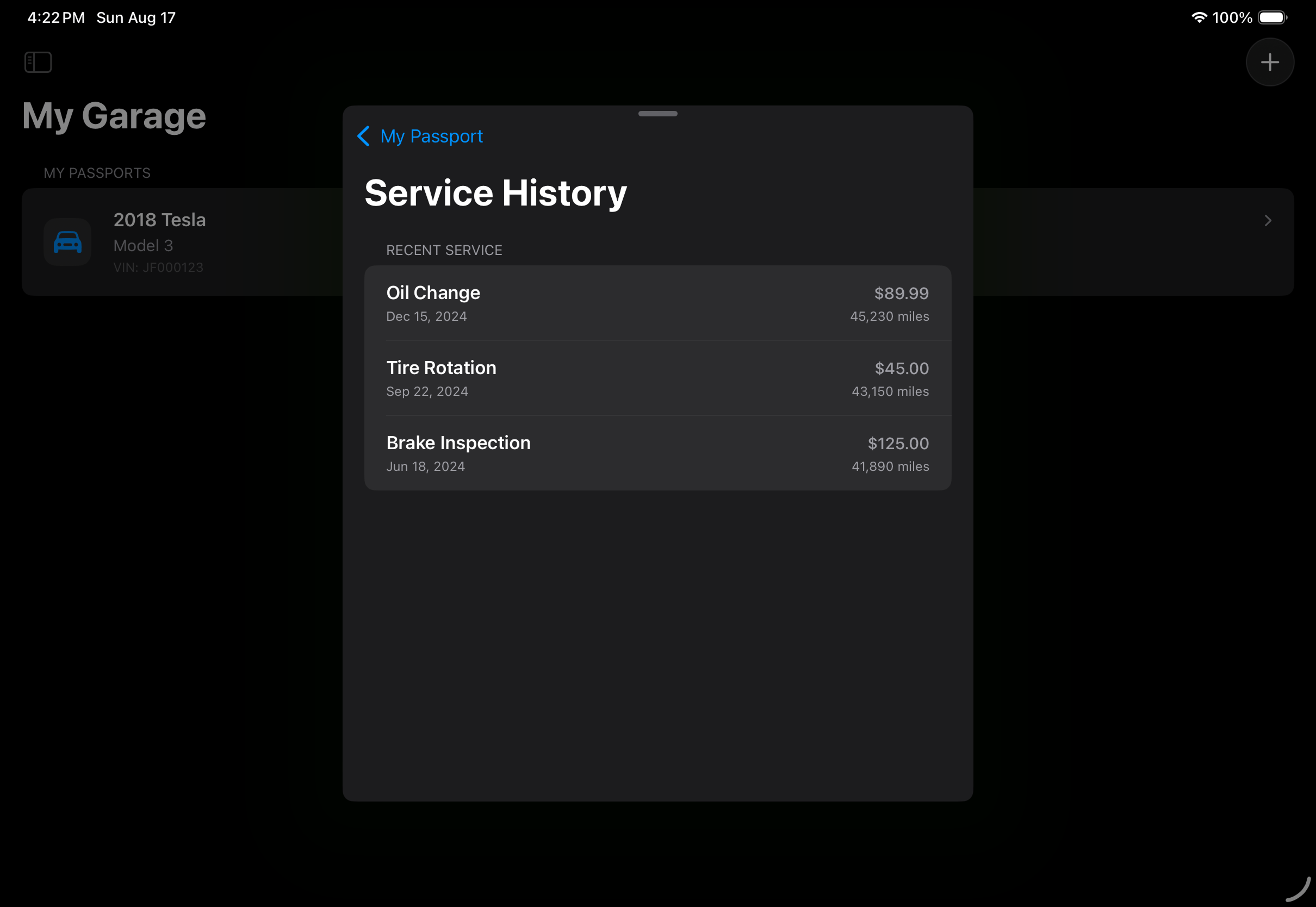 Service History sheet as rendered on iPad Pro 11-inch in landscape.
