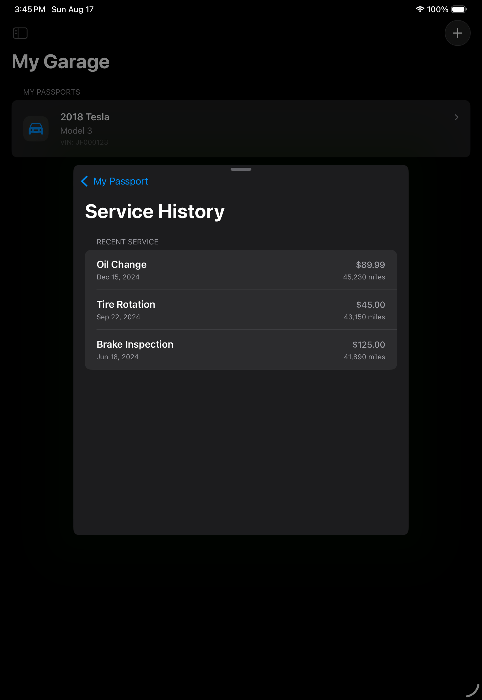 Service History sheet as rendered on iPad Pro 11-inch in portrait.