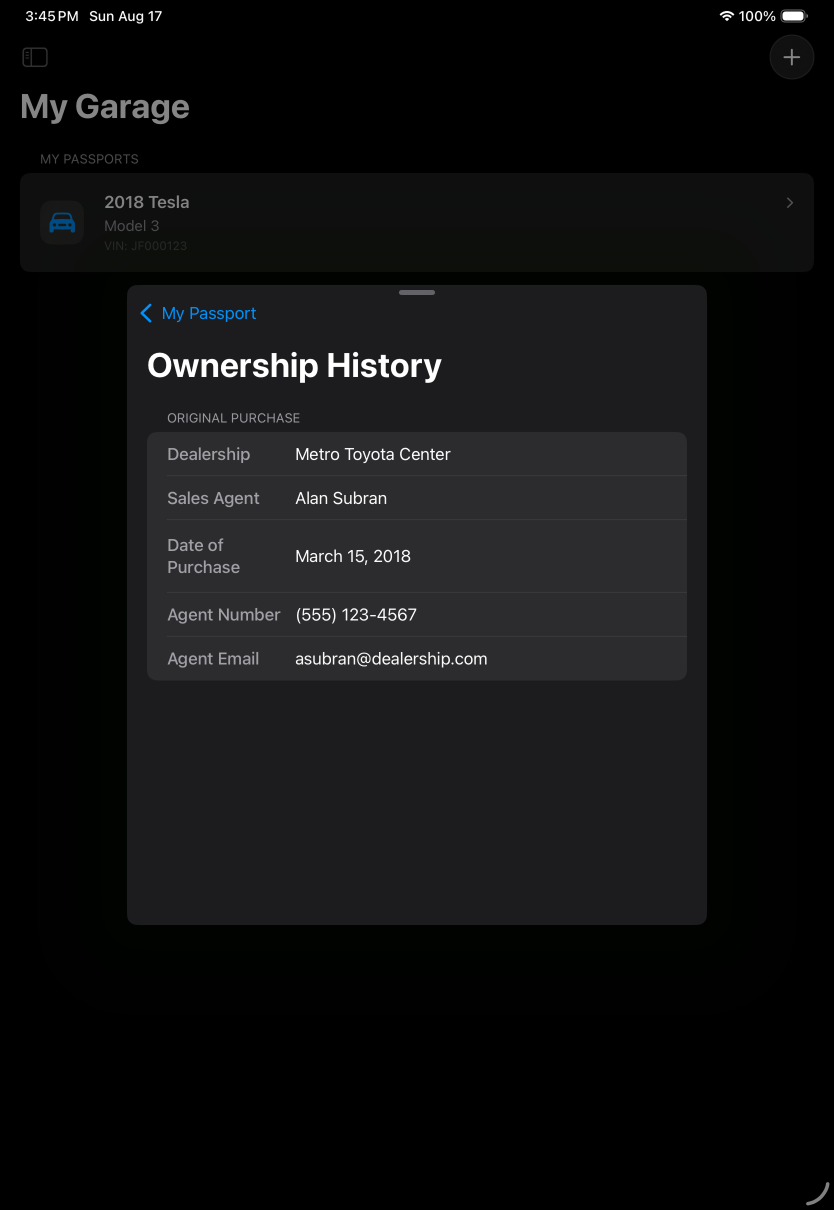 Owner History Sheet as rendered on iPad Pro 11-inch in portrait.