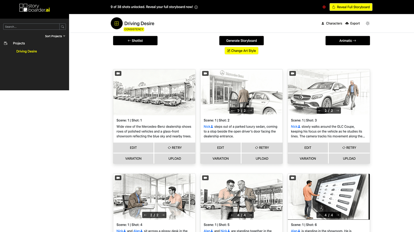 Storyboarder.ai traditional page/form interface as seen on desktop display